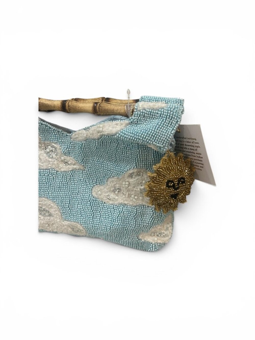 New Release Handcrafted in India Beaded Bag Clouds Sun Charm Bamboo Handles NWT - Picture 3 of 7
